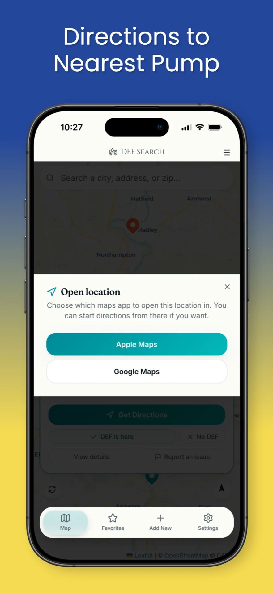 Directions to nearest DEF pump via Apple or Google Maps